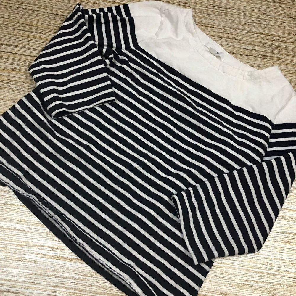 F-163 1901 3/4 sleeve Cotton tee top NAVY STRIPE size S uec